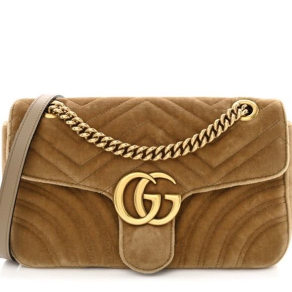 Gucci Marmont Medium tan Velvet Quilted tan Velvet Matelasse Gold GG Bag - Picture 1 of 4